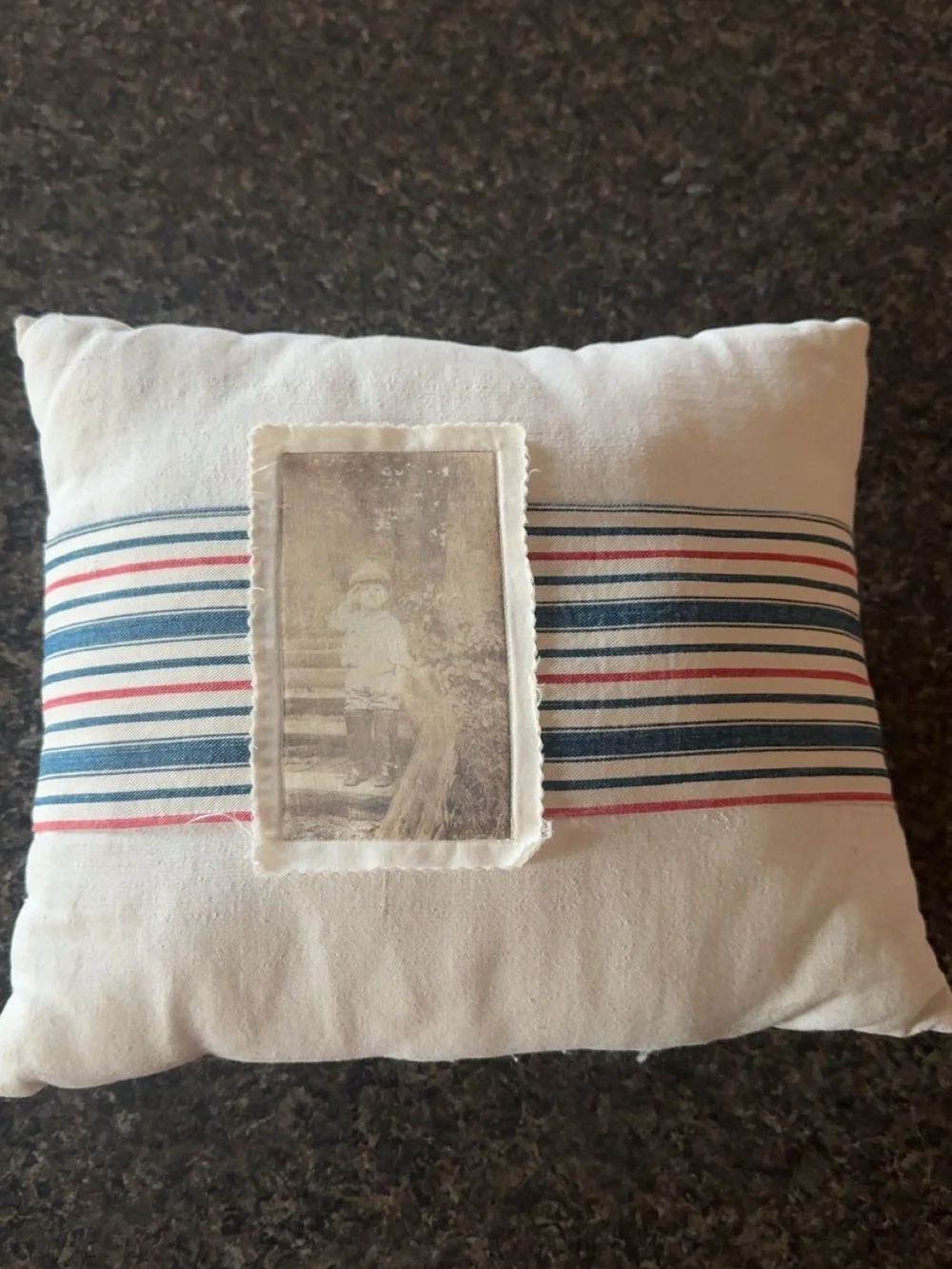 Cream Throw Pillow with Blue & Red Stripe and Vintage Photo Accent